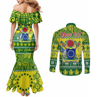 Personalised Cook Islands Christmas Couples Matching Mermaid Dress and Long Sleeve Button Shirt Santa Beach Meri Kiritimiti LT9 - Polynesian Pride