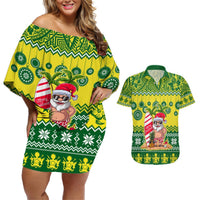Personalised Cook Islands Christmas Couples Matching Off Shoulder Short Dress and Hawaiian Shirt Santa Beach Meri Kiritimiti LT9 Green - Polynesian Pride