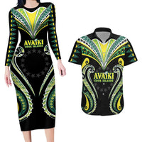 Custom Rugby Cook Islands Avaiki Couples Matching Long Sleeve Bodycon Dress and Hawaiian Shirt Black Kuki Airani Tribal Maori Inspired LT9 Black - Polynesian Pride