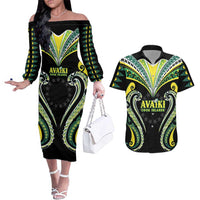 Custom Rugby Cook Islands Avaiki Couples Matching Off The Shoulder Long Sleeve Dress and Hawaiian Shirt Black Kuki Airani Tribal Maori Inspired LT9 Black - Polynesian Pride