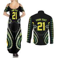 Custom Rugby Cook Islands Avaiki Couples Matching Summer Maxi Dress and Long Sleeve Button Shirt Black Kuki Airani Tribal Maori Inspired LT9 - Polynesian Pride