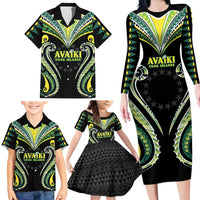Custom Rugby Cook Islands Avaiki Family Matching Long Sleeve Bodycon Dress and Hawaiian Shirt Black Kuki Airani Tribal Maori Inspired LT9 - Polynesian Pride