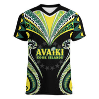 Custom Rugby Cook Islands Avaiki Women V-Neck T-Shirt Black Kuki Airani Tribal Maori Inspired LT9 Female Black - Polynesian Pride