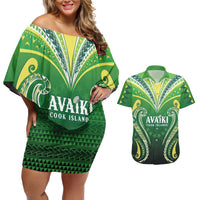 Custom Rugby Cook Islands Avaiki Couples Matching Off Shoulder Short Dress and Hawaiian Shirt Green Kuki Airani Tribal Maori Inspired LT9 Green - Polynesian Pride