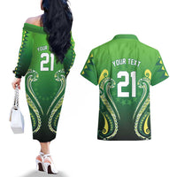 Custom Rugby Cook Islands Avaiki Couples Matching Off The Shoulder Long Sleeve Dress and Hawaiian Shirt Green Kuki Airani Tribal Maori Inspired LT9 - Polynesian Pride