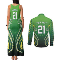 Custom Rugby Cook Islands Avaiki Couples Matching Tank Maxi Dress and Long Sleeve Button Shirt Green Kuki Airani Tribal Maori Inspired LT9 - Polynesian Pride