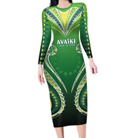 Custom Rugby Cook Islands Avaiki Family Matching Long Sleeve Bodycon Dress and Hawaiian Shirt Green Kuki Airani Tribal Maori Inspired LT9 Mom's Dress Green - Polynesian Pride