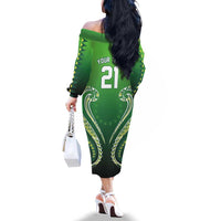 Custom Rugby Cook Islands Avaiki Family Matching Off The Shoulder Long Sleeve Dress and Hawaiian Shirt Green Kuki Airani Tribal Maori Inspired LT9 - Polynesian Pride