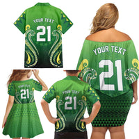 Custom Rugby Cook Islands Avaiki Family Matching Off Shoulder Short Dress and Hawaiian Shirt Green Kuki Airani Tribal Maori Inspired LT9 - Polynesian Pride