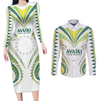 Custom Rugby Cook Islands Avaiki Couples Matching Long Sleeve Bodycon Dress and Long Sleeve Button Shirt White Kuki Airani Tribal Maori Inspired LT9 White - Polynesian Pride