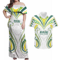 Custom Rugby Cook Islands Avaiki Couples Matching Off Shoulder Maxi Dress and Hawaiian Shirt White Kuki Airani Tribal Maori Inspired LT9 White - Polynesian Pride