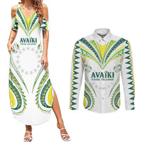 Custom Rugby Cook Islands Avaiki Couples Matching Summer Maxi Dress and Long Sleeve Button Shirt White Kuki Airani Tribal Maori Inspired LT9 White - Polynesian Pride