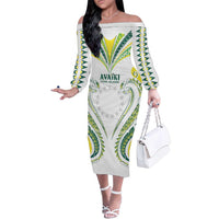 Custom Rugby Cook Islands Avaiki Family Matching Off The Shoulder Long Sleeve Dress and Hawaiian Shirt White Kuki Airani Tribal Maori Inspired LT9 Mom's Dress White - Polynesian Pride