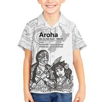 Aroha Maori Language Family Matching Off Shoulder Short Dress and Hawaiian Shirt Te Reo Maori Inspired Art LT9 Son's Shirt white - Polynesian Pride