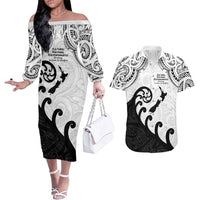 Kia Haka Maori language Couples Matching Off The Shoulder Long Sleeve Dress and Hawaiian Shirt Te Reo Maori Inspired Art LT9 white - Polynesian Pride