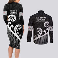 Kia Mau Ki To Ukaipo Couples Matching Long Sleeve Bodycon Dress and Long Sleeve Button Shirt Te Reo Maori Koru Fern Art LT9 - Polynesian Pride