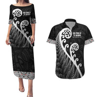 Kia Mau Ki To Ukaipo Couples Matching Puletasi and Hawaiian Shirt Te Reo Maori Koru Fern Art LT9 Black - Polynesian Pride