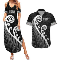 Kia Mau Ki To Ukaipo Couples Matching Summer Maxi Dress and Hawaiian Shirt Te Reo Maori Koru Fern Art LT9 Black - Polynesian Pride