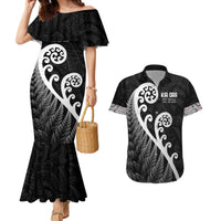 Kia Ora Maori Language Couples Matching Mermaid Dress and Hawaiian Shirt Te Reo Maori Koru Fern Art LT9 Black - Polynesian Pride
