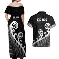Kia Ora Maori Language Couples Matching Off Shoulder Maxi Dress and Hawaiian Shirt Te Reo Maori Koru Fern Art LT9 - Polynesian Pride
