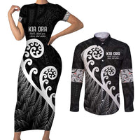 Kia Ora Maori Language Couples Matching Short Sleeve Bodycon Dress and Long Sleeve Button Shirt Te Reo Maori Koru Fern Art LT9 Black - Polynesian Pride