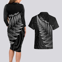 New Zealand Te Reo Mori Couples Matching Long Sleeve Bodycon Dress and Hawaiian Shirt Simple Black Fern LT9 - Polynesian Pride