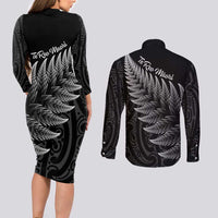 New Zealand Te Reo Mori Couples Matching Long Sleeve Bodycon Dress and Long Sleeve Button Shirt Simple Black Fern LT9 - Polynesian Pride