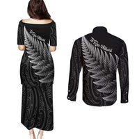 New Zealand Te Reo Māori Couples Matching Puletasi and Long Sleeve Button Shirt Simple Black Fern