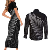 New Zealand Te Reo Mori Couples Matching Short Sleeve Bodycon Dress and Long Sleeve Button Shirt Simple Black Fern LT9 - Polynesian Pride
