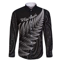 New Zealand Te Reo Mori Family Matching Puletasi and Hawaiian Shirt Simple Black Fern LT9 Dad's Shirt - Long Sleeve Black - Polynesian Pride