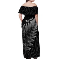 New Zealand Te Reo Mori Off Shoulder Maxi Dress Simple Black Fern LT9 - Polynesian Pride