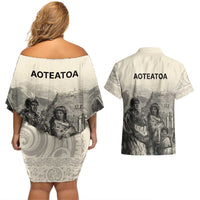Whanau Maori Language Couples Matching Off Shoulder Short Dress and Hawaiian Shirt Te Reo Maori Inspired Art