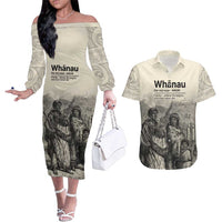 Whanau Maori Language Couples Matching Off The Shoulder Long Sleeve Dress and Hawaiian Shirt Te Reo Maori Inspired Art LT9 Nude - Polynesian Pride