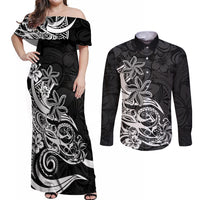 Polynesian Sunset Plumeria Couples Matching Off Shoulder Maxi Dress and Long Sleeve Button Shirts Pacific Island Tribal Black Style LT9 Black - Polynesian Pride