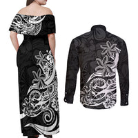 Polynesian Sunset Plumeria Couples Matching Off Shoulder Maxi Dress and Long Sleeve Button Shirts Pacific Island Tribal Black Style LT9 - Polynesian Pride