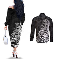 Polynesian Sunset Plumeria Couples Matching Off The Shoulder Long Sleeve Dress and Long Sleeve Button Shirts Pacific Island Tribal Black Style LT9 - Polynesian Pride