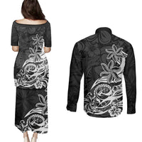 Polynesian Sunset Plumeria Couples Matching Puletasi Dress and Long Sleeve Button Shirts Pacific Island Tribal Black Style LT9 - Polynesian Pride