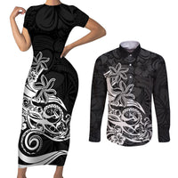 Polynesian Sunset Plumeria Couples Matching Short Sleeve Bodycon Dress and Long Sleeve Button Shirts Pacific Island Tribal Black Style LT9 Black - Polynesian Pride