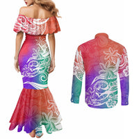 Polynesian Sunset Plumeria Couples Matching Mermaid Dress and Long Sleeve Button Shirts Pacific Island Tribal Blossom Style LT9 - Polynesian Pride