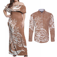 Polynesian Sunset Plumeria Couples Matching Off Shoulder Maxi Dress and Long Sleeve Button Shirts Pacific Island Tribal Nude Style LT9 Nude - Polynesian Pride