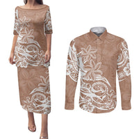 Polynesian Sunset Plumeria Couples Matching Puletasi Dress and Long Sleeve Button Shirts Pacific Island Tribal Nude Style LT9 Nude - Polynesian Pride