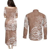 Polynesian Sunset Plumeria Couples Matching Puletasi Dress and Long Sleeve Button Shirts Pacific Island Tribal Nude Style LT9 - Polynesian Pride