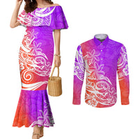 Polynesian Sunset Plumeria Couples Matching Mermaid Dress and Long Sleeve Button Shirts Pacific Island Tribal Purple Style LT9 Purple - Polynesian Pride