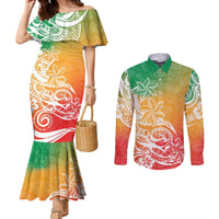Polynesian Sunset Plumeria Couples Matching Mermaid Dress and Long Sleeve Button Shirts Pacific Island Tribal Reggae Style LT9 Reggae - Polynesian Pride