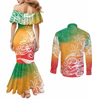 Polynesian Sunset Plumeria Couples Matching Mermaid Dress and Long Sleeve Button Shirts Pacific Island Tribal Reggae Style LT9 - Polynesian Pride