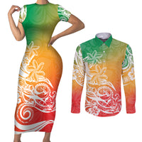 Polynesian Sunset Plumeria Couples Matching Short Sleeve Bodycon Dress and Long Sleeve Button Shirts Pacific Island Tribal Reggae Style LT9 Reggae - Polynesian Pride