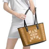 Hawaiian Quilt Block Design Leather Tote Bag Gold Hawaii Culture Motifs - Polynesian Pride