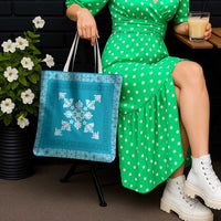Hawaiian Quilt Block Design Tote Bag Teal Hawaii Culture Motifs - Polynesian Pride