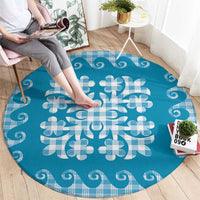 Blue Ulu Palaka Quilt Pattern Round Carpet Hawaii Culture Breadfruit - Polynesian Pride