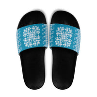 Blue Ulu Palaka Quilt Pattern Slide Sandals Hawaii Culture Breadfruit - Polynesian Pride